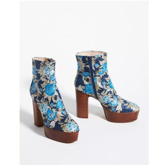 Anthropologie Cecelia New York Carcie Blue Floral Textile Platform Zip Ankle Boo - Picture 1 of 4